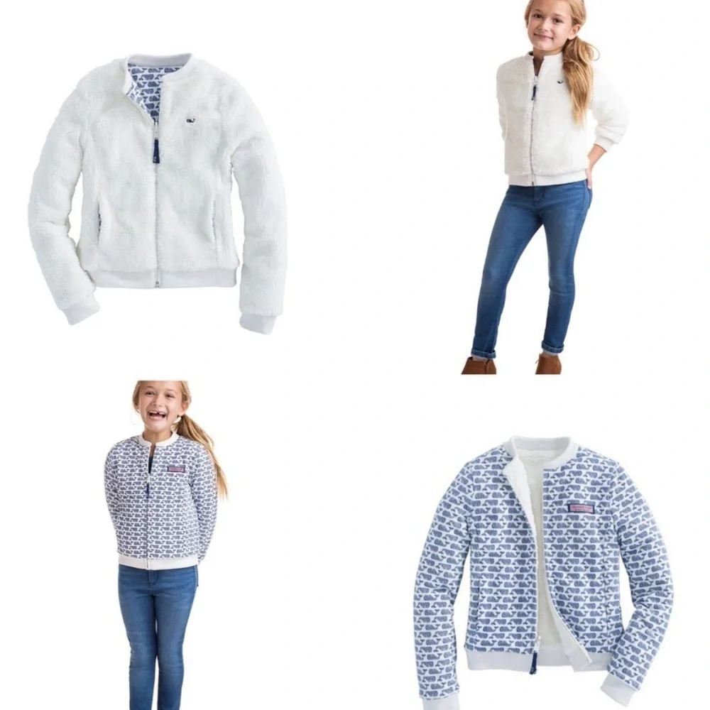 Vineyard Vines Girls Reversible Whale Print Sherpa Bomber Jacket Size M 10-12